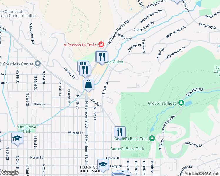 map of restaurants, bars, coffee shops, grocery stores, and more near 2340 North 15th Street in Boise