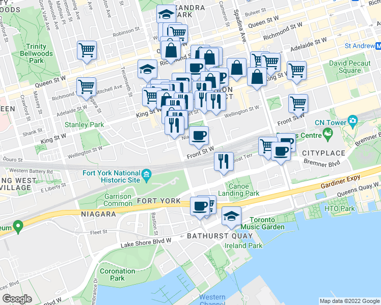 map of restaurants, bars, coffee shops, grocery stores, and more near 580 Front Street West in Toronto