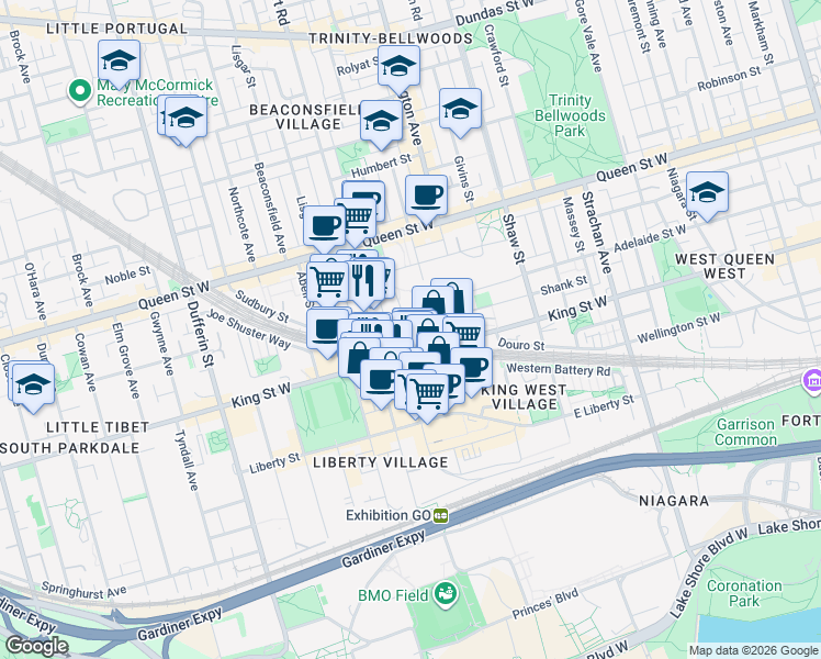 map of restaurants, bars, coffee shops, grocery stores, and more near 25 Sudbury Street in Toronto