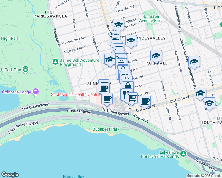 map of restaurants, bars, coffee shops, grocery stores, and more near 109 Sunnyside Avenue in Toronto