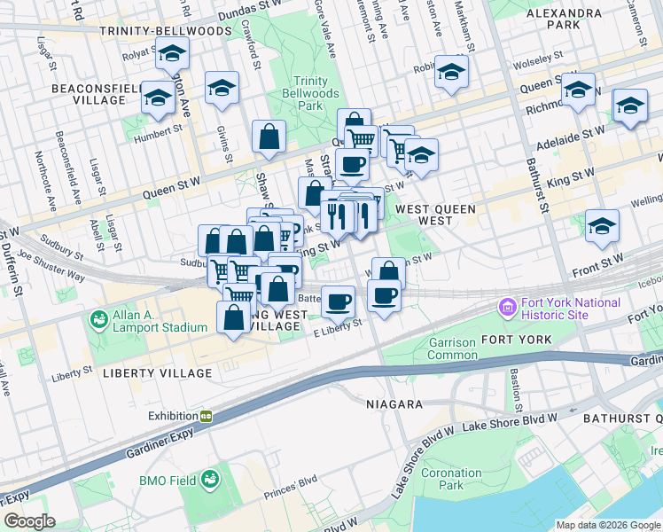 map of restaurants, bars, coffee shops, grocery stores, and more near 12 Douro Street in Toronto