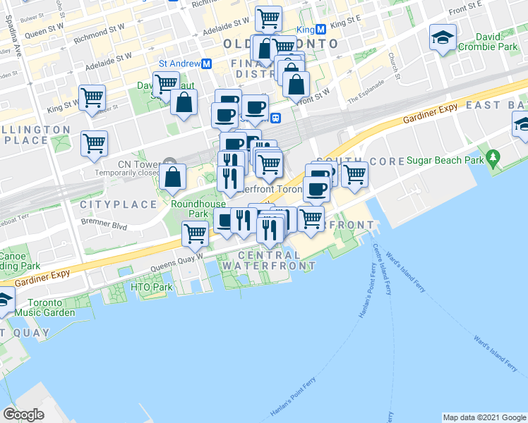 map of restaurants, bars, coffee shops, grocery stores, and more near 10 York Street in Toronto