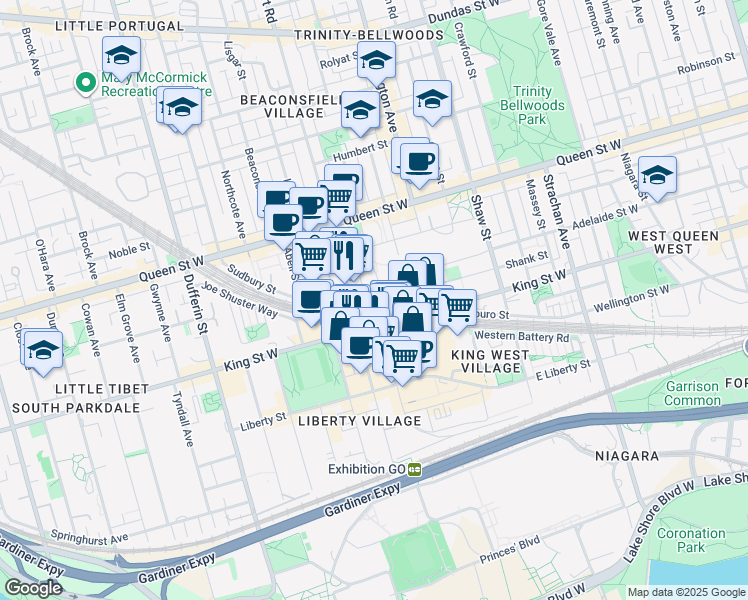 map of restaurants, bars, coffee shops, grocery stores, and more near 33 Sudbury Street in Toronto