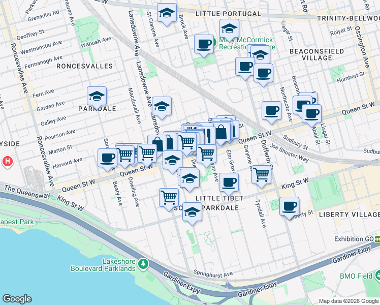 map of restaurants, bars, coffee shops, grocery stores, and more near 1412 Queen Street West in Toronto