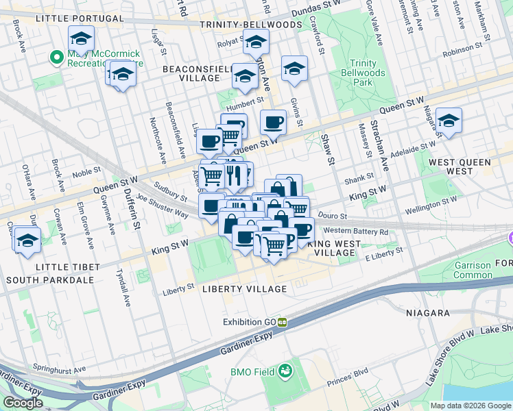 map of restaurants, bars, coffee shops, grocery stores, and more near 31 Sudbury Street in Toronto