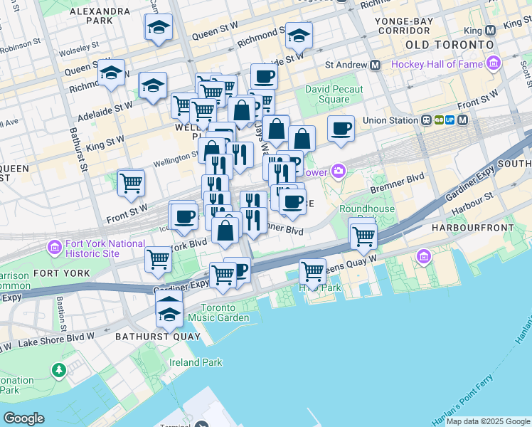 map of restaurants, bars, coffee shops, grocery stores, and more near 65 Navy Wharf Court in Toronto