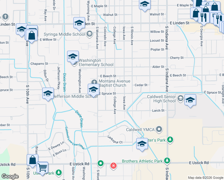 map of restaurants, bars, coffee shops, grocery stores, and more near 3228 College Avenue in Caldwell