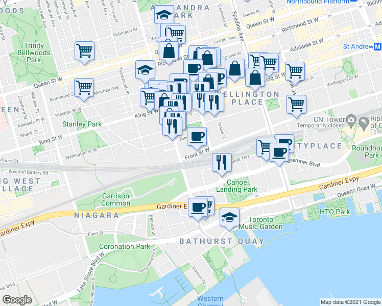 map of restaurants, bars, coffee shops, grocery stores, and more near 576 Front Street West in Toronto
