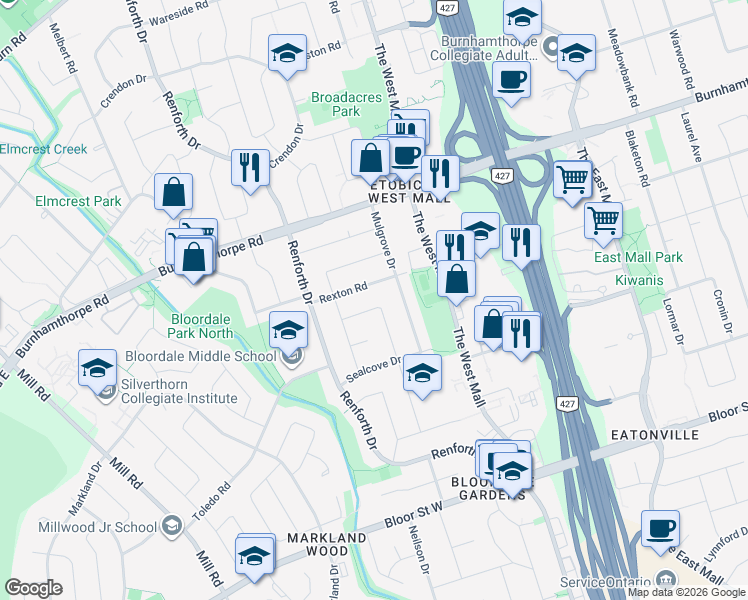 map of restaurants, bars, coffee shops, grocery stores, and more near 63 Rossburn Drive in Toronto