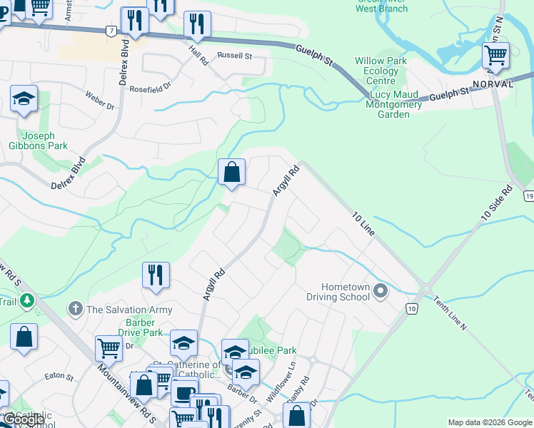 map of restaurants, bars, coffee shops, grocery stores, and more near 15263 Argyll Road in Halton Hills