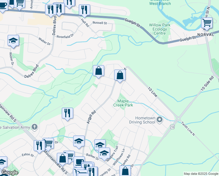 map of restaurants, bars, coffee shops, grocery stores, and more near 40 Gooderham Drive in Halton Hills