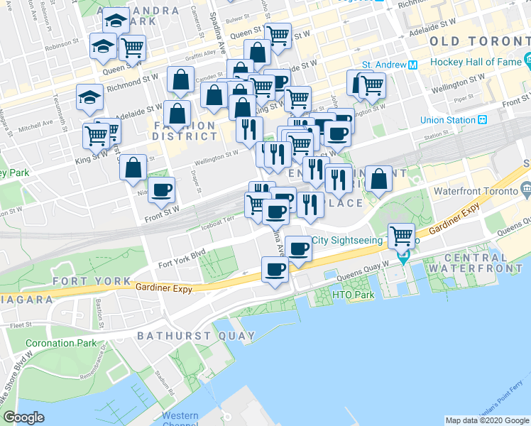 map of restaurants, bars, coffee shops, grocery stores, and more near 705-4k Spadina Avenue in Toronto