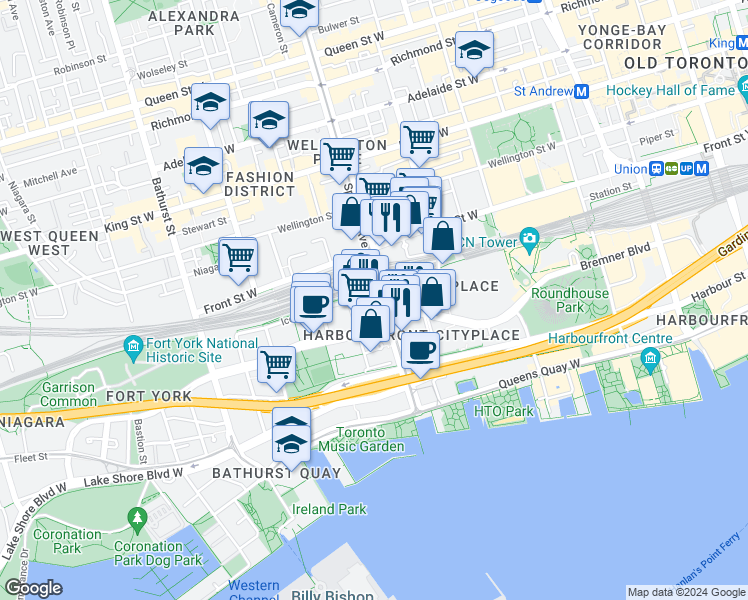 map of restaurants, bars, coffee shops, grocery stores, and more near in Toronto