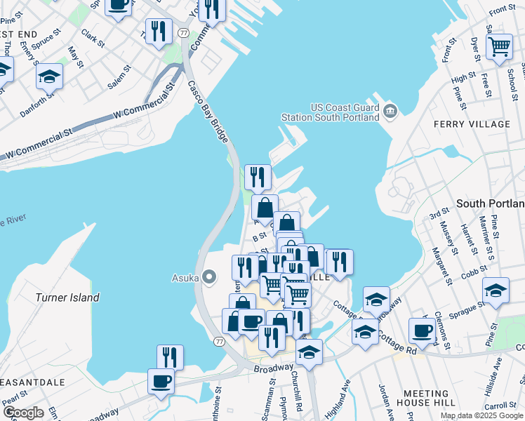 map of restaurants, bars, coffee shops, grocery stores, and more near 37 A Street in South Portland