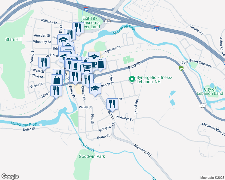 map of restaurants, bars, coffee shops, grocery stores, and more near 37 Elm Street in Lebanon
