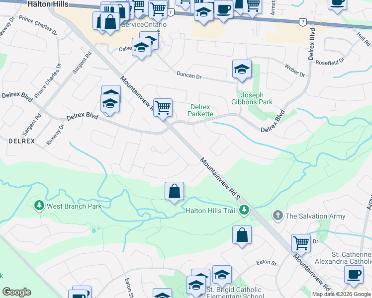 map of restaurants, bars, coffee shops, grocery stores, and more near 162 Mountainview Road South in Halton Hills