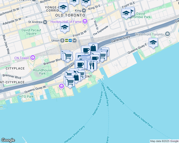 map of restaurants, bars, coffee shops, grocery stores, and more near Queens Quay West & Bay Street & Harbour Square in Toronto