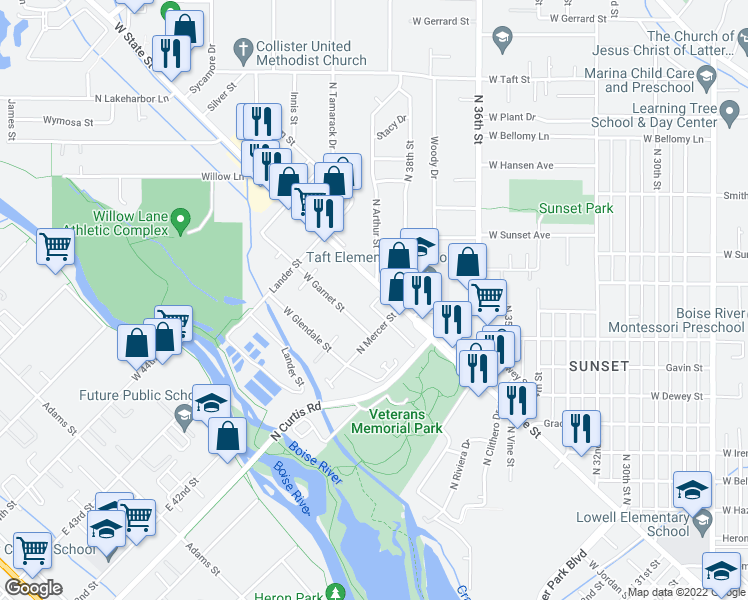 map of restaurants, bars, coffee shops, grocery stores, and more near 1109 North Arthur Street in Boise