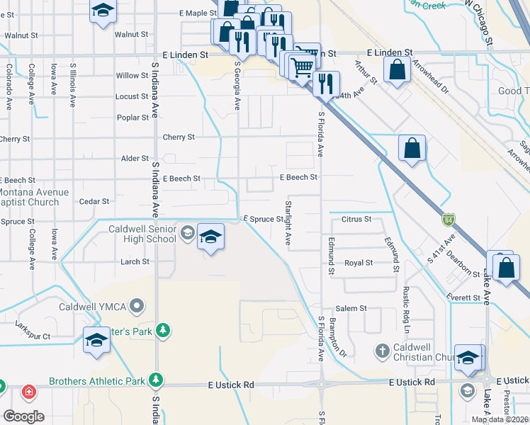 map of restaurants, bars, coffee shops, grocery stores, and more near 2515 Spruce Street in Caldwell