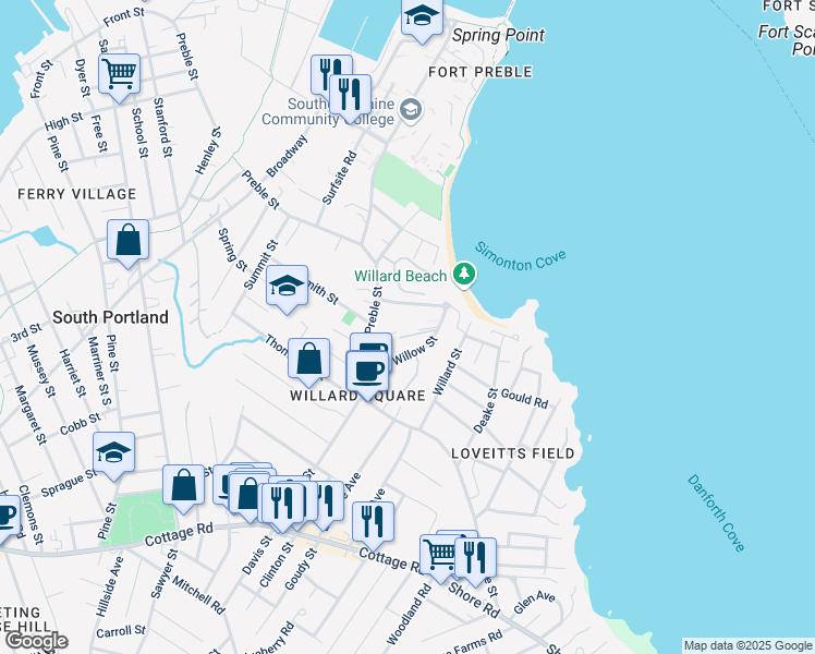 map of restaurants, bars, coffee shops, grocery stores, and more near 29 Willow Street in South Portland