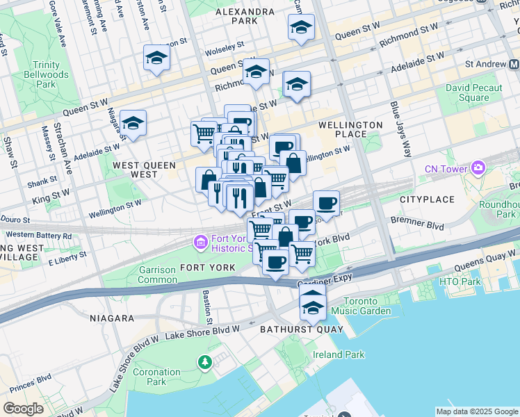 map of restaurants, bars, coffee shops, grocery stores, and more near 576 Front Street West in Toronto