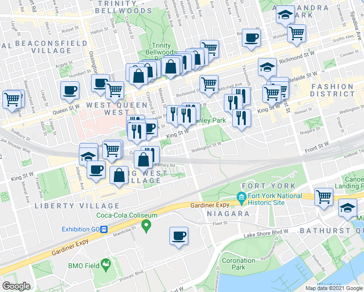 map of restaurants, bars, coffee shops, grocery stores, and more near 55-77 Strachan Avenue in Toronto