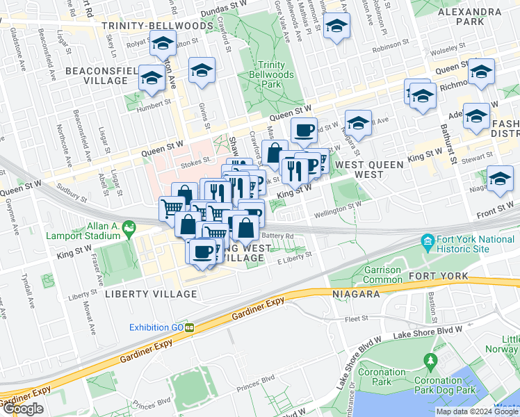map of restaurants, bars, coffee shops, grocery stores, and more near 1 Shaw Street in Toronto