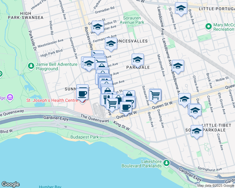 map of restaurants, bars, coffee shops, grocery stores, and more near in Toronto