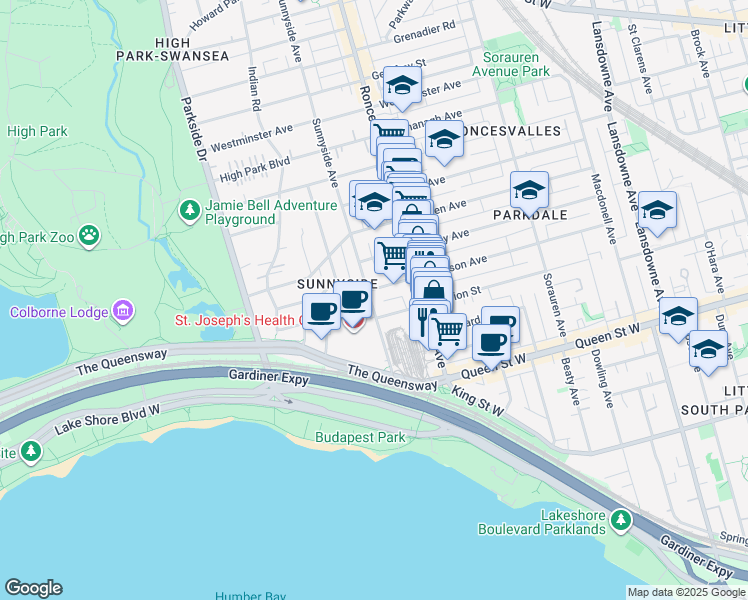 map of restaurants, bars, coffee shops, grocery stores, and more near 213 Pearson Avenue in Toronto