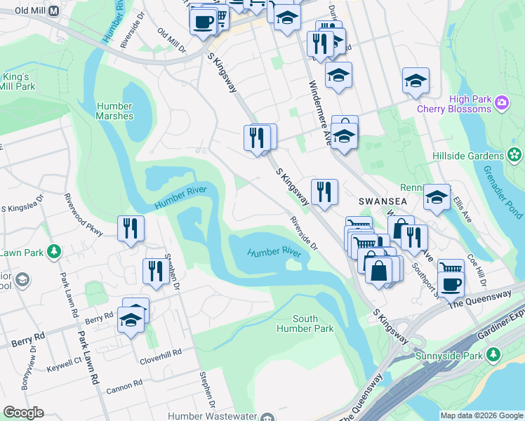 map of restaurants, bars, coffee shops, grocery stores, and more near 8 Riverside Crescent in Toronto
