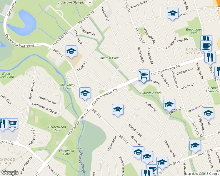 map of restaurants, bars, coffee shops, grocery stores, and more near 45 Burnhamthorpe Road in Toronto