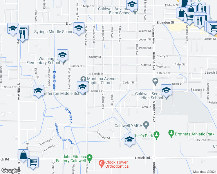 map of restaurants, bars, coffee shops, grocery stores, and more near 1515 Spruce Street in Caldwell