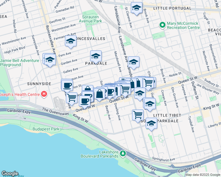 map of restaurants, bars, coffee shops, grocery stores, and more near 18 Saunders Avenue in Toronto