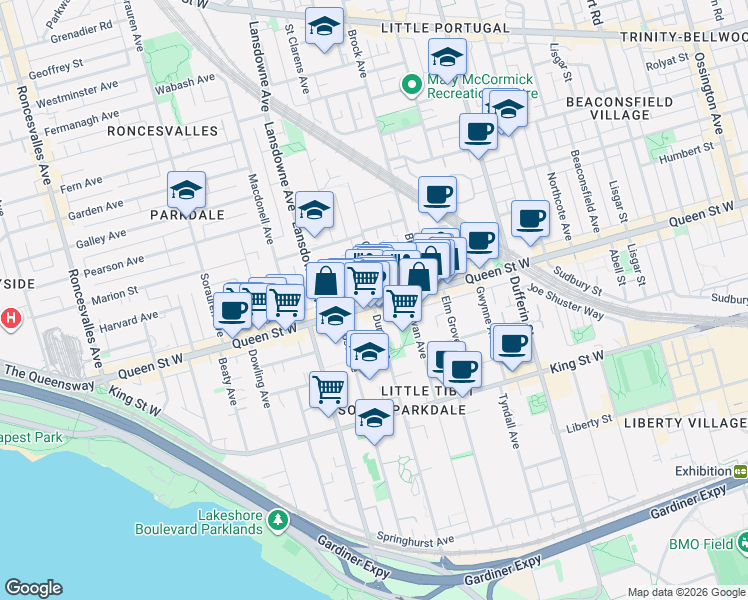 map of restaurants, bars, coffee shops, grocery stores, and more near 1406 Queen Street West in Toronto