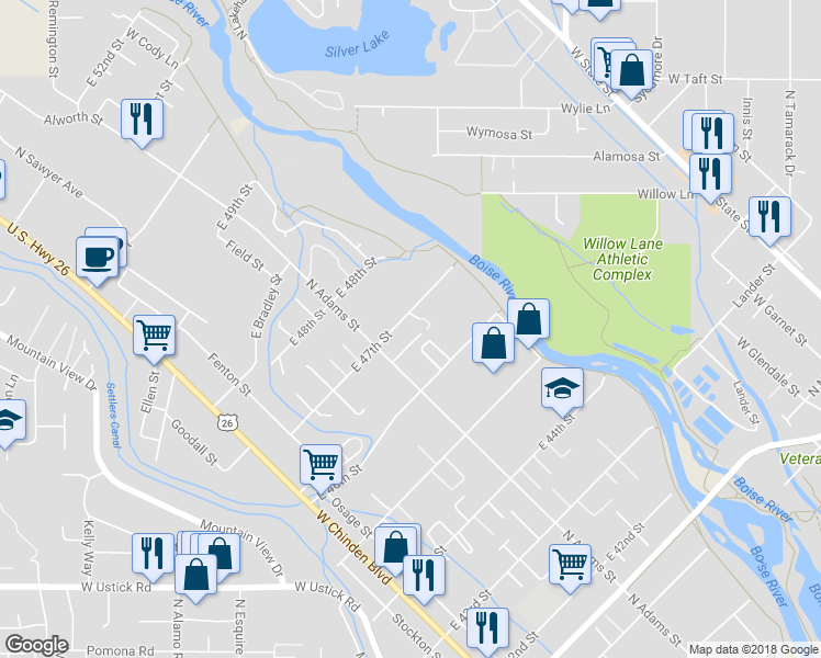 map of restaurants, bars, coffee shops, grocery stores, and more near 413 East 47th Street in Boise