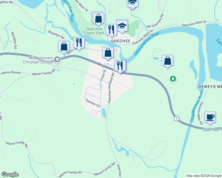 map of restaurants, bars, coffee shops, grocery stores, and more near 144 Quechee-Hartland Road in Hartford