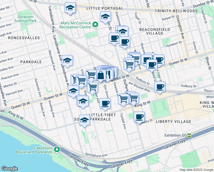 map of restaurants, bars, coffee shops, grocery stores, and more near 73 Elm Grove Avenue in Toronto
