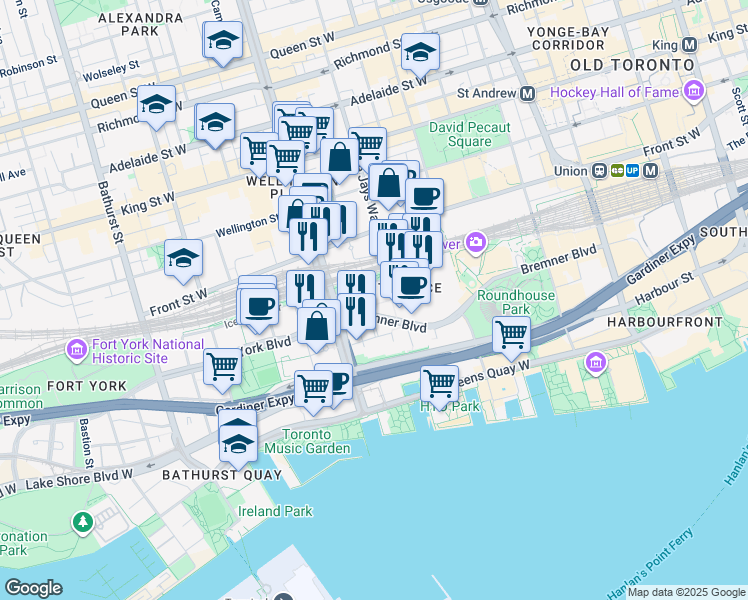 map of restaurants, bars, coffee shops, grocery stores, and more near 81 Navy Wharf Court in Toronto