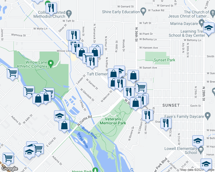 map of restaurants, bars, coffee shops, grocery stores, and more near 1159 Arthur Lane in Boise