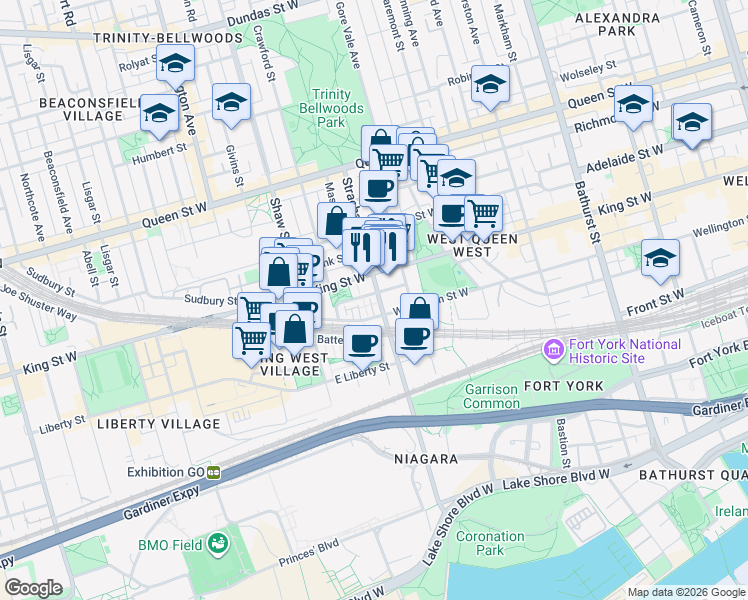 map of restaurants, bars, coffee shops, grocery stores, and more near 100 Strachan Avenue in Toronto