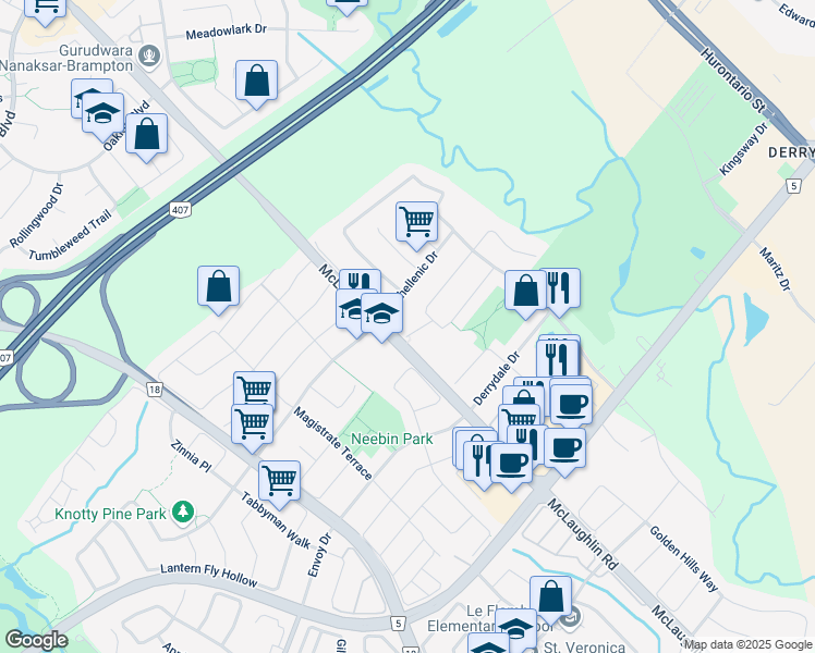 map of restaurants, bars, coffee shops, grocery stores, and more near 487 Briggs Court in Mississauga