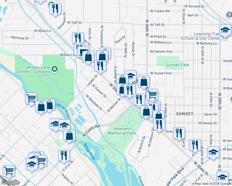 map of restaurants, bars, coffee shops, grocery stores, and more near 1113 Arthur Ln in Boise