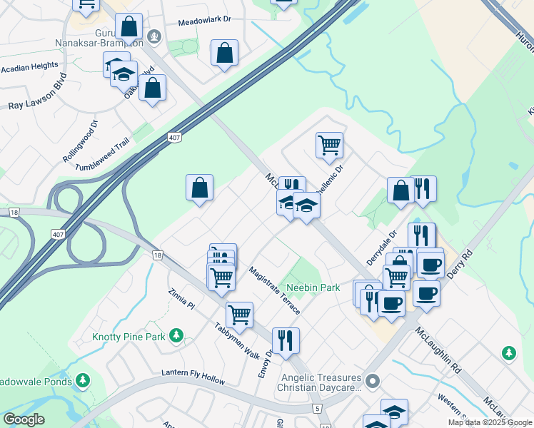 map of restaurants, bars, coffee shops, grocery stores, and more near 565 Warhol Way in Mississauga