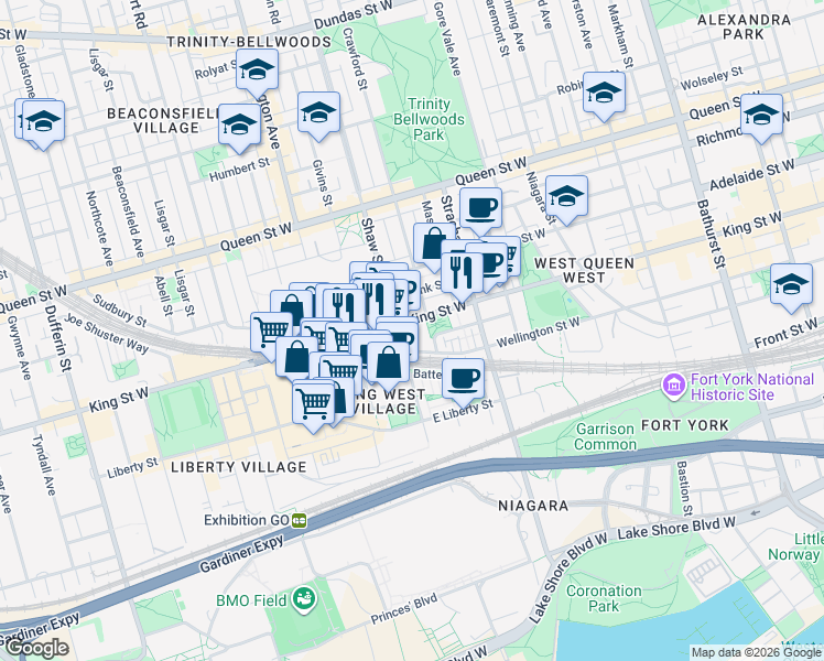 map of restaurants, bars, coffee shops, grocery stores, and more near 1005 King Street West in Toronto