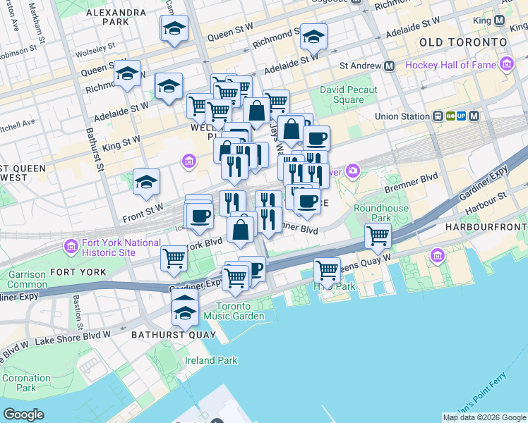 map of restaurants, bars, coffee shops, grocery stores, and more near 3 Concord Cityplace Way in Toronto