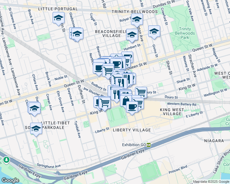 map of restaurants, bars, coffee shops, grocery stores, and more near 98 Sudbury Street in Toronto