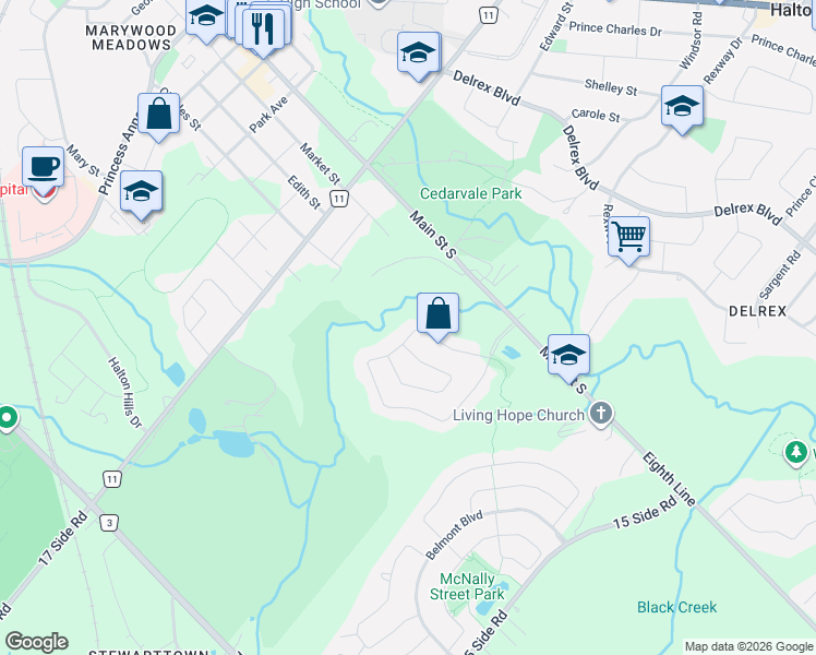 map of restaurants, bars, coffee shops, grocery stores, and more near 106 Arborglen Drive in Halton Hills