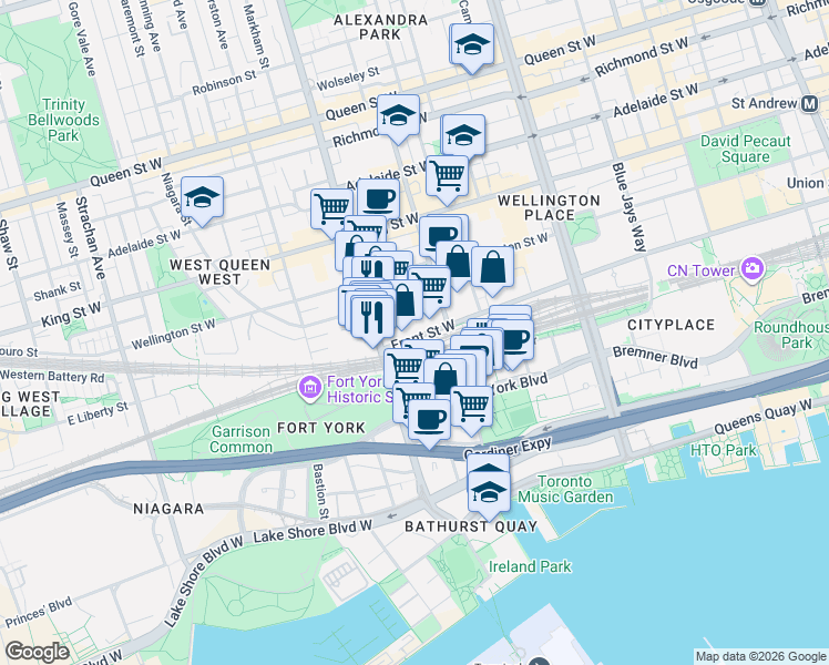 map of restaurants, bars, coffee shops, grocery stores, and more near 560 Front Street West in Toronto