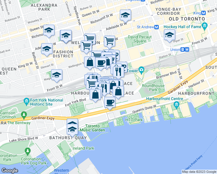 map of restaurants, bars, coffee shops, grocery stores, and more near 23 Navy Wharf Court in Toronto