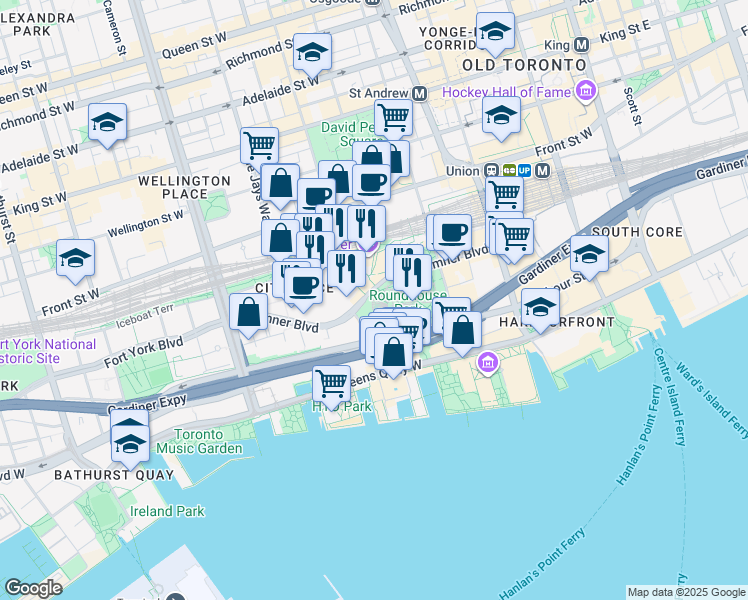 map of restaurants, bars, coffee shops, grocery stores, and more near 255 Bremner Boulevard in Toronto